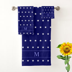 Conjunto De Toalhas Padrão de Estrela Branca e Monograma em Azul Marin