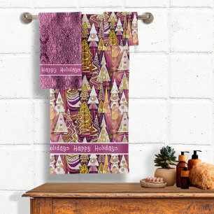 Conjunto De Toalhas Padrão de Feliz de Natal Dourada magenta nº 25 ID1