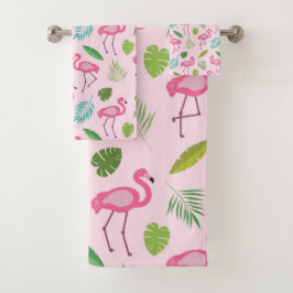 Conjunto De Toalhas Padrão de Flamingo Rosa com Folhas Tropicais