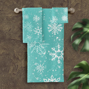 Conjunto De Toalhas Padrão de Flocos de Neve Azul Verde Inverno Suave 