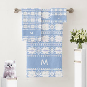 Conjunto De Toalhas Padrão de Flor Abstrata em Azul Claro e Branco