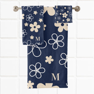 Conjunto De Toalhas Padrão de flor de creme azul-marinho retrô