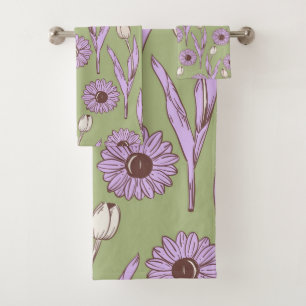 Conjunto De Toalhas Padrão de Flor de Hippie Funky Y2K Retro Roxo Verd