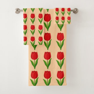 Conjunto De Toalhas Padrão de Flor de Tulipa Vermelha Moderna em Laran