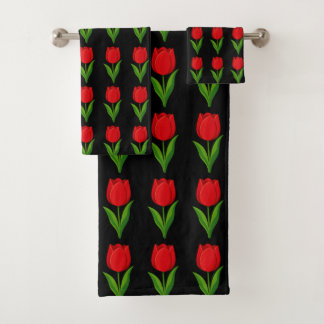 Conjunto De Toalhas Padrão de Flor de Tulipa Vermelha Moderna em Preto