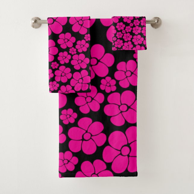 Conjunto De Toalhas Padrão de Flor - Magenta e Preto (Insitu)