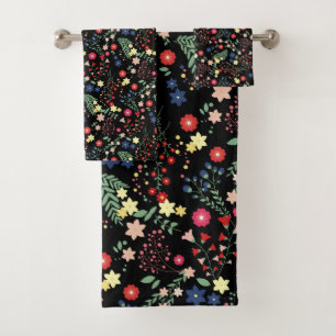 Conjunto De Toalhas Padrão de Flor Selvagem Simples Preto