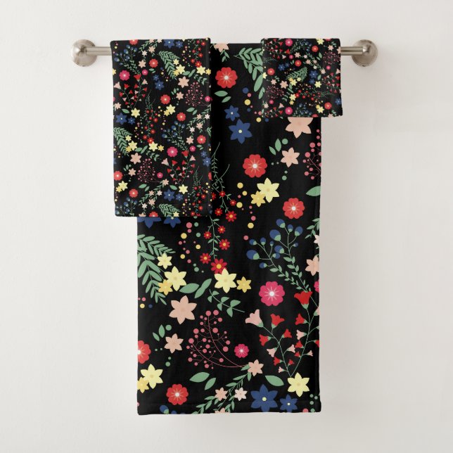 Conjunto De Toalhas Padrão de Flor Selvagem Simples Preto (Insitu)