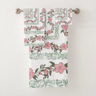 Conjunto De Toalhas Padrão de Flor Y2K 70s - Borda Cor-de-Rosa Verde