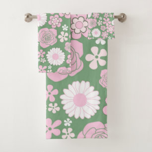 Conjunto De Toalhas Padrão de Flor Y2K 70s - Cor-de-rosa Verde