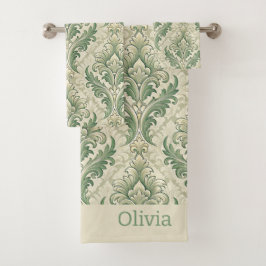 Conjunto De Toalhas Padrão de Flores Botânicas Vintage Verde e Bege