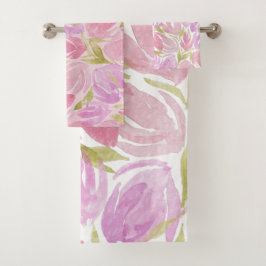 Conjunto De Toalhas Padrão de Flores de Aquarela Rosa Fúcsia Roxo