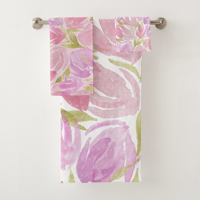 Conjunto De Toalhas Padrão de Flores de Aquarela Rosa Fúcsia Roxo (Insitu)