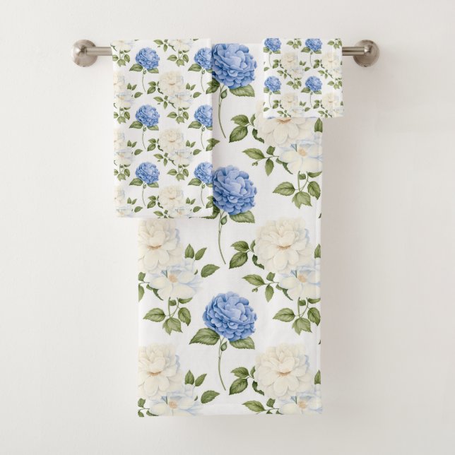 Conjunto De Toalhas Padrão de Flores de Hydragea Azul Elegante  (Insitu)