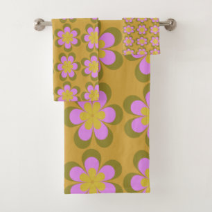 Conjunto De Toalhas Padrão de Flores de Mod Retro em Amarelo e Violet