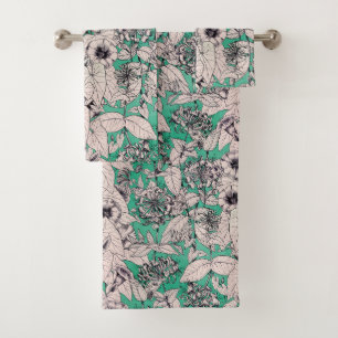 Conjunto De Toalhas Padrão de Flores Gráficas Brancas Verde