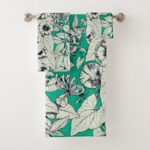 Conjunto De Toalhas Padrão de Flores Gráficas Brancas Verde