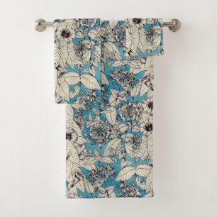 Conjunto De Toalhas Padrão de Flores Gráficas Branco Azul