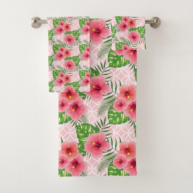 Conjunto De Toalhas Padrão de Flores Rosa Tropicais (Insitu)