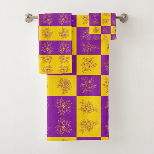 Conjunto De Toalhas Padrão de Flores Roxas e Douradas (Insitu)