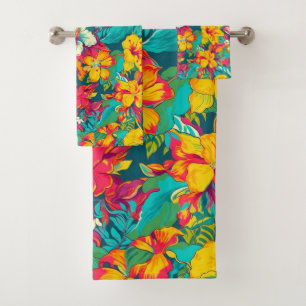 Conjunto De Toalhas Padrão de Flores Tropicais Coloridas