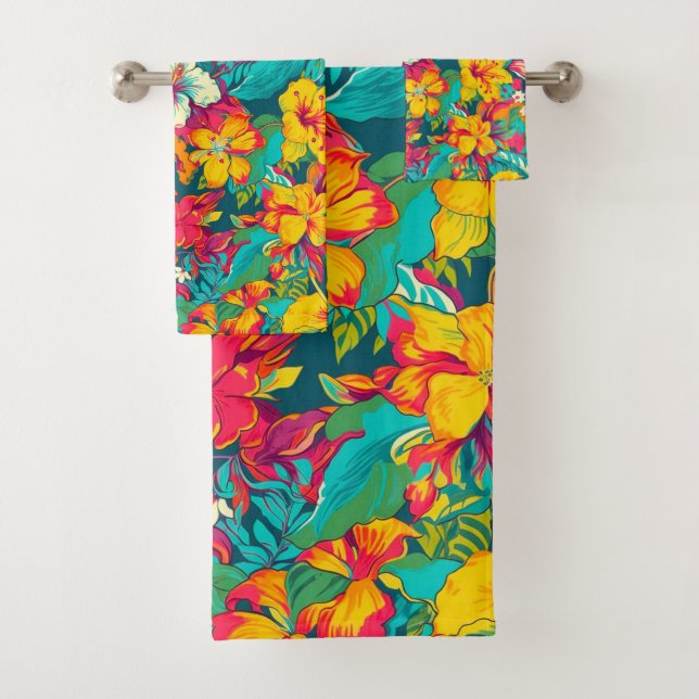 Conjunto De Toalhas Padrão de Flores Tropicais Coloridas (Insitu)