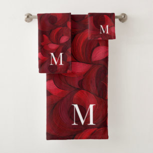 Conjunto De Toalhas Padrão De Folha De Abstrato Vermelho Escuro Monogr