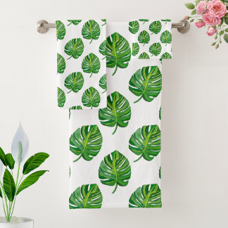 Conjunto De Toalhas Padrão de Folha de Monstera Verde Simples em Branc