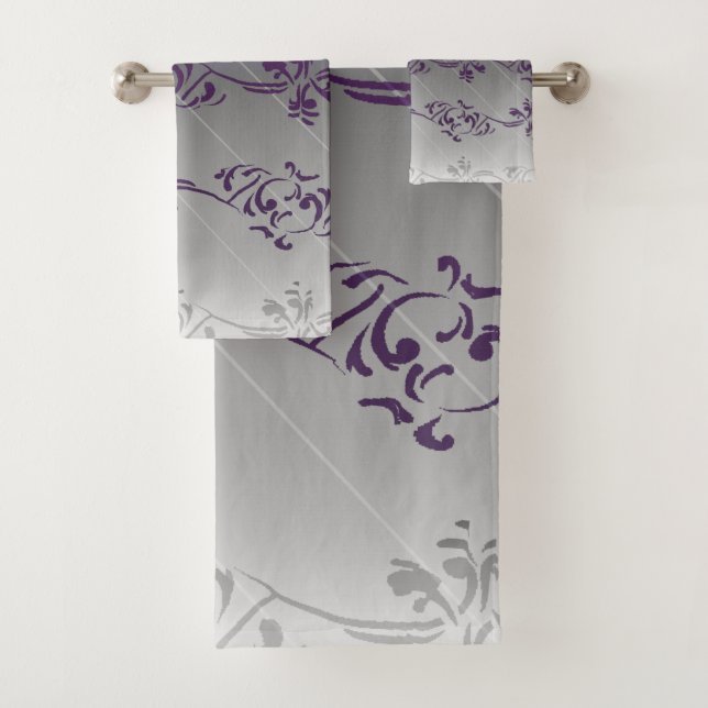 Conjunto De Toalhas Padrão De Folha Floral Com Gradiente De Cinza Roxo (Insitu)