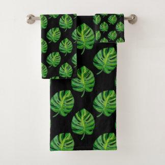 Conjunto De Toalhas Padrão de Folha Monstera Verde Simples em Preto