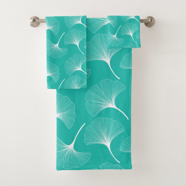 Conjunto De Toalhas Padrão de folhas de abstrato branco em verde-menta (Insitu)