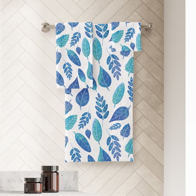 Conjunto De Toalhas Padrão de Folhas de Aquarela Azul (Blue Leaves Bath Towel Set)
