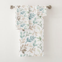 Conjunto De Toalhas Padrão de Folhas de Aquarela em Sage Suave e Ocre