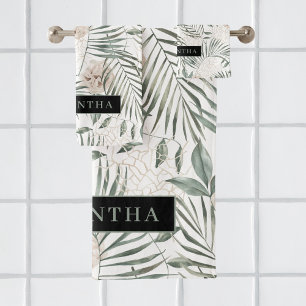 Conjunto De Toalhas Padrão de Folhas e Flores de Aquarelas Tropicais