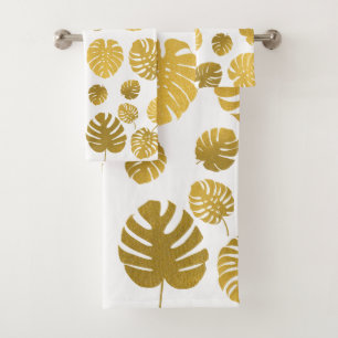 Conjunto De Toalhas Padrão de Folhas Tropicais de Monstera Dourada Mod