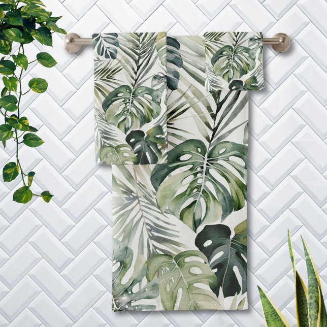 Conjunto De Toalhas Padrão de Folhas Tropicais Verde de Aquarela (In situ)