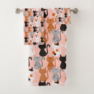 Conjunto De Toalhas Padrão De Gato Bonito Em Rosa Esbranquiçado