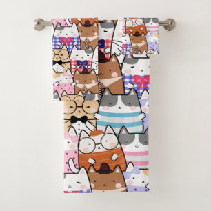 Conjunto De Toalhas Padrão de Gato Kawaii bonito e colorido