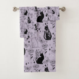 Conjunto De Toalhas Padrão de Gato Preto Místico e Borboleta | Witchy
