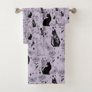Conjunto De Toalhas Padrão de Gato Preto Místico e Borboleta   Witchy