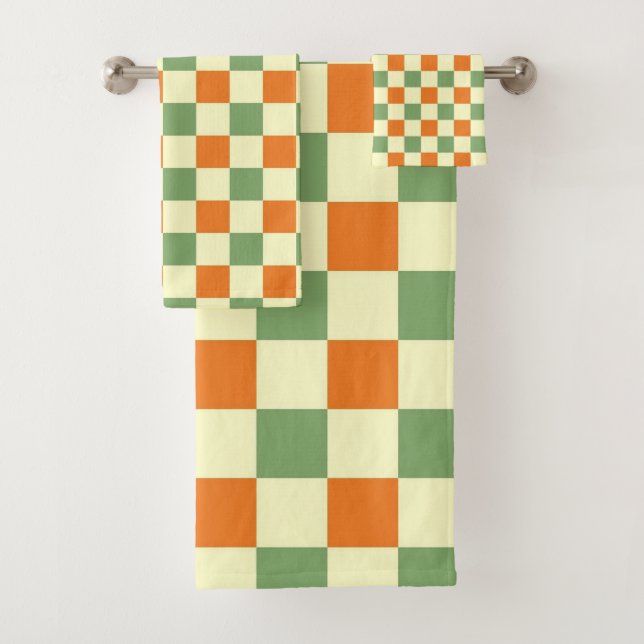 Conjunto De Toalhas Padrão de Gingham - Laranja Verde Marrom (Insitu)