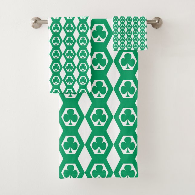 Conjunto De Toalhas Padrão de Hexágono Branco Verde Trevo (Insitu)
