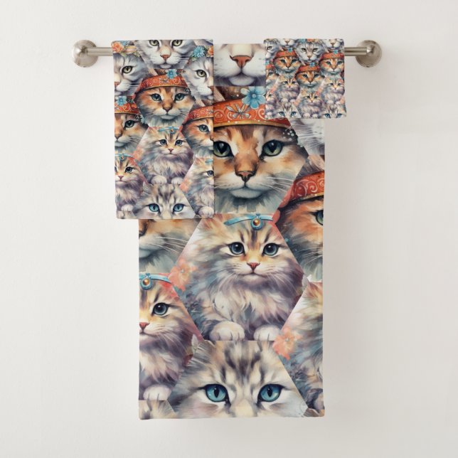 Conjunto De Toalhas Padrão de Hexágono de Rostos de Gato (Insitu)
