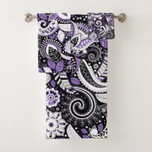 Conjunto De Toalhas Padrão de Impressão de Paisley Preto e Branco Roxo