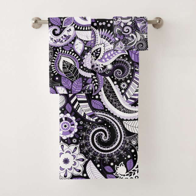 Conjunto De Toalhas Padrão de Impressão de Paisley Preto e Branco Roxo (Insitu)