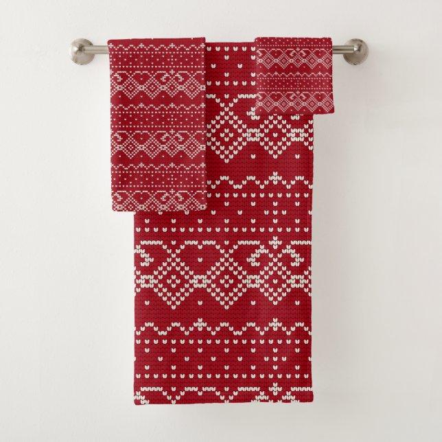 Conjunto De Toalhas Padrão de Knit Escandinavo Vermelho Festivo e Bran (Insitu)