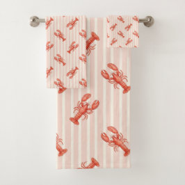 Conjunto De Toalhas Padrão de Lagosta em Aquarela sobre Listras Rosa S