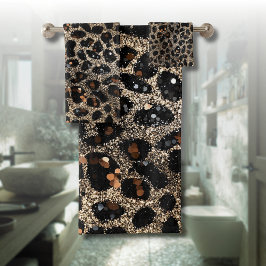 Conjunto De Toalhas Padrão de Leopardo Dourado Preto Marrom Brilho Lux
