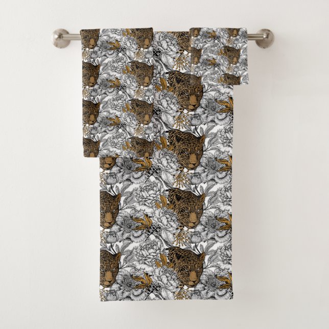 Conjunto De Toalhas Padrão de leopardo e peônias (Insitu)
