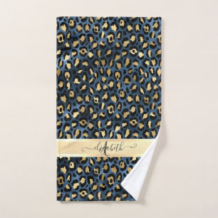 Conjunto De Toalhas Padrão de Leopardo Monograma Azul Dourado